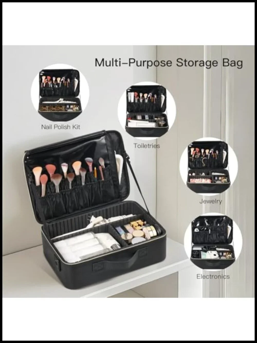 Makeup Travel Case with Dividers and Brush Storage, PU Leather, Portable